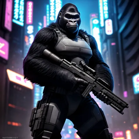 (Highest Quality, 4k, masterpiece, Amazing Details:1.1), cyberpunk soldier ((gorilla)) woman  (neo tokyo cyberpunk). holding a gun,  in a dynamic epic  gunfight, post apocalyptic  outfit, (full body:1.3)  Shallow Depth of Field, E671, lens 50mm f/2.0, (photorealistic:1.3), ((raw photo))