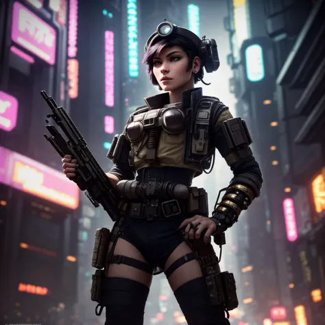 (Highest Quality, 4k, masterpiece, Amazing Details:1.1), cyberpunk soldier ((dieselpunk)) woman  (neo tokyo cyberpunk). holding a gun,  in a dynamic epic  gunfight, post apocalyptic  outfit, (full body:1.3)  Shallow Depth of Field, E671, lens 50mm f/2.0, (photorealistic:1.3), ((raw photo))