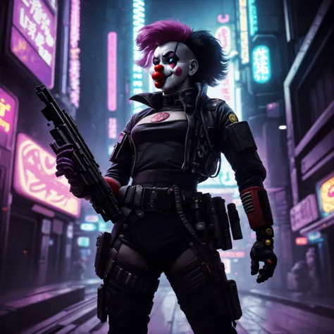 (Highest Quality, 4k, masterpiece, Amazing Details:1.1), cyberpunk soldier ((horror clown)) woman  (neo tokyo cyberpunk). holding a gun,  in a dynamic epic  gunfight, post apocalyptic  outfit, (full body:1.3)  Shallow Depth of Field, E671, lens 50mm f/2.0, (photorealistic:1.3), ((raw photo))