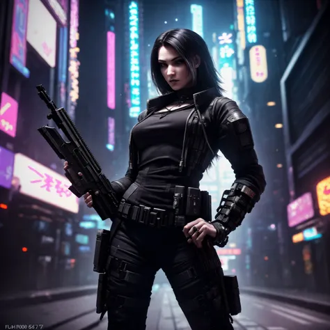 (Highest Quality, 4k, masterpiece, Amazing Details:1.1), cyberpunk soldier ((gothic)) woman  (neo tokyo cyberpunk). holding a gun,  in a dynamic epic  gunfight, post apocalyptic  outfit, (full body:1.3)  Shallow Depth of Field, E671, lens 50mm f/2.0, (photorealistic:1.3), ((raw photo))