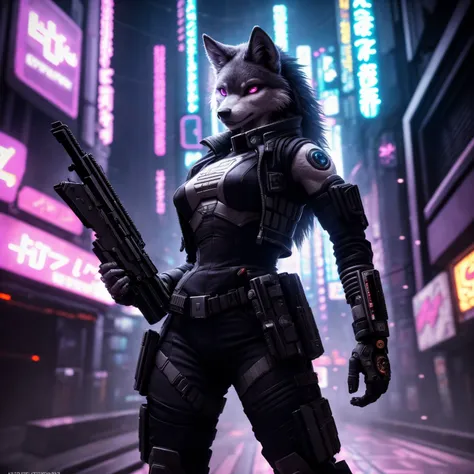 (Highest Quality, 4k, masterpiece, Amazing Details:1.1), cyberpunksoldier wolf woman  (neo tokyo cyberpunk). holding a gun,  in a dynamic epic  gunfight, post apocalyptic  outfit, (full body:1.3)  Shallow Depth of Field, E671, lens 50mm f/2.0, (photorealistic:1.3), ((raw photo))