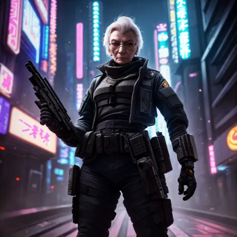 (Highest Quality, 4k, masterpiece, Amazing Details:1.1), cyberpunk soldier ((old)) woman  (neo tokyo cyberpunk). holding a gun,  in a dynamic epic  gunfight, post apocalyptic  outfit, (full body:1.3)  Shallow Depth of Field, E671, lens 50mm f/2.0, (photorealistic:1.3), ((raw photo))