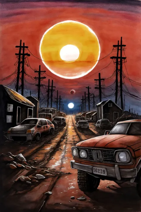 post-apocalyptic sunset at the end of the world of the new dawn aquarelle drawing