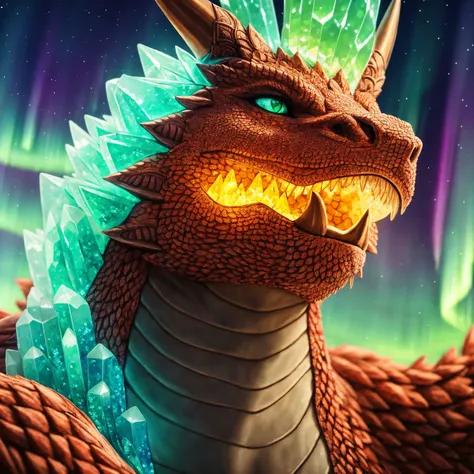 mighty dragon made out of glowing ((crystals)), aurora australis, smoke , fire
BREAK
(masterpiece, best quality, ultra realistic, 4k, 2k, (intricate, high detail:1.2), film photography, soft focus,
RAW photo, photorealistic, analog style, subsurface scattering, photorealism, absurd res), ((closeup))