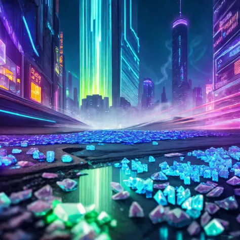 cyberpunk city made out of  glowing((crystals)), aurora australis, smoke , fire 
BREAK
(masterpiece, best quality, ultra realistic, 4k, 2k, (intricate, high detail:1.2), film photography, soft focus,
RAW photo, photorealistic, analog style, subsurface scattering, photorealism, absurd res), ((closeup))