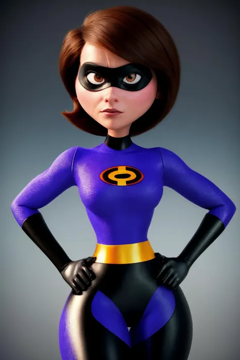 photo of a helenparr, <lora:helenV3:0.7>, 1girl, solo, short hair, brown hair, gloves, brown eyes, bodysuit, mask, hands on hips, superhero, domino mask, standing, hourglass figure, bokeh background, simple background, (highly detailed skin:1.0), (masterpiece:1.2) (photorealistic:1.2) (bokeh) (best quality) (intricate details) (8k) (HDR) (analog film) (canon d5) (cinematic lighting) (sharp focus),