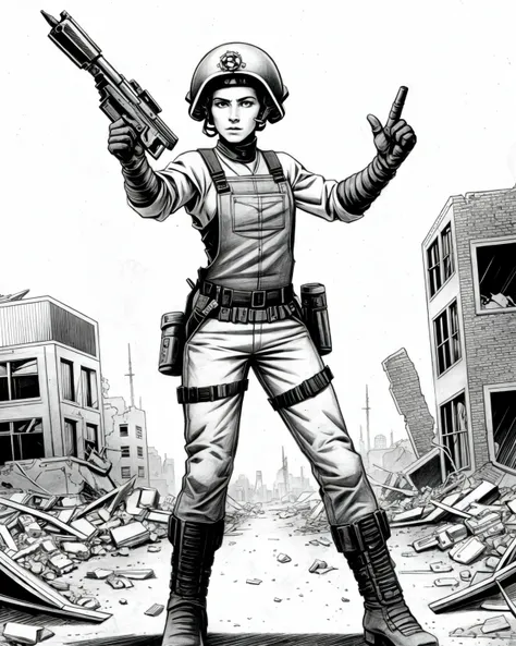 ((pencil sketch)), soldier woman wearing post-apocalyptic overall holding a machinegun in a destroyed town after a ((nuclear blast)), dynamic pose, dynamic camera