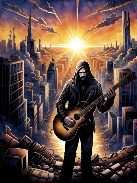 A black metal guy plays his guitar on the last day on earth , post-apocalyptic destroyed city background (colorful aquarell ), ((new dawn)
