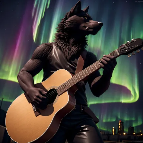 (Highest Quality, 4k, masterpiece:1.1), (realism, photorealistic:1.4), ray traced, hyper realism, soft lighting, detailed background, film grain, (detailed fur texture:1.3),
BREAK
((black metal)) anthro black wolf his guitar on the last day on earth ,(wearing bleack metal outfit) post-apocalyptic destroyed city background , fangs , angry, paws,(new dawn), (aurora borealis) , closeup