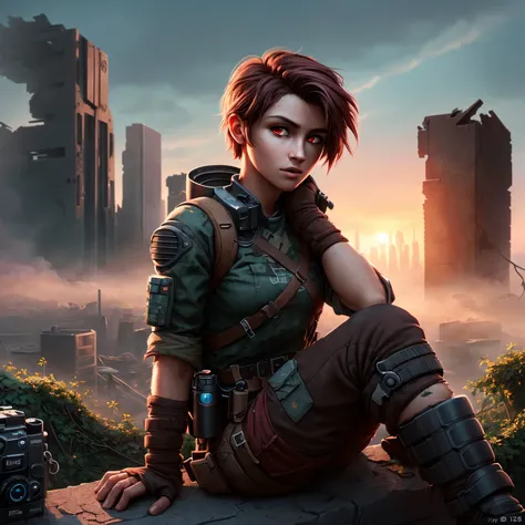 An 18 year old  woman postapocalyptic outfit, siting on a ((((enigma ))) device , (epic post apocalyptic destroyes city overgrown ruins), detailed background,  red eyes, close-up, amazing fine detail, RAW photo, Nikon D850 film stock photograph Kodak Portra 400 camera f1.6 lens, rich colors, lifelike texture, dramatic lighting, unreal engine, trending on ArtStation, cinestill 800 tungsten, ((new dawn on horizon))