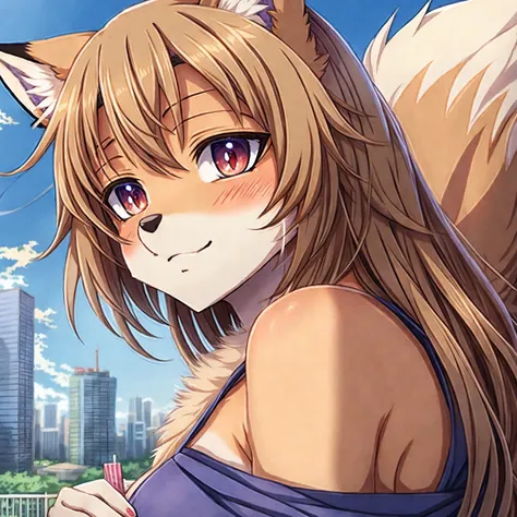 (anthro fox woman), city background wearing summer cloth, (detailed fluffy fox fur), ((anime:1.4)) ((closeup)), (studio ghibili)