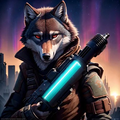 ((anthro female wolf)), wearing (glowing postapocalyptic outfit), holding a mystical gun,(epic post apocalyptic destroyes city overgrown ruins), detailed background, red eyes, close-up, amazing fine detail, RAW photo, Nikon D850 film stock photograph Kodak Portra 400 camera f1.6 lens, rich colors, lifelike texture, dramatic lighting, unreal engine, trending on ArtStation, cinestill 800 tungsten, ((new dawn on horizon)) (aurora borealis)), mystic smog, ((closeup))