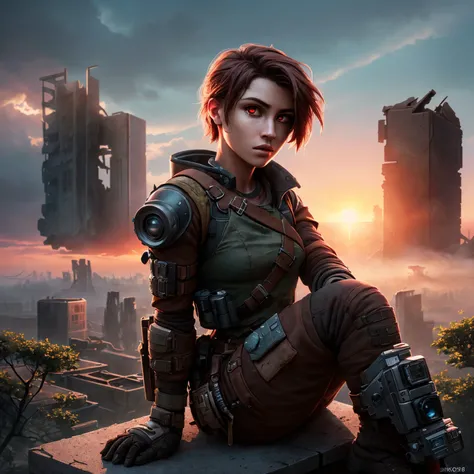 An 18 year old  woman postapocalyptic outfit, siting on a ((((enigma ))) device , (epic post apocalyptic destroyes city overgrown ruins), detailed background,  red eyes, close-up, amazing fine detail, RAW photo, Nikon D850 film stock photograph Kodak Portra 400 camera f1.6 lens, rich colors, lifelike texture, dramatic lighting, unreal engine, trending on ArtStation, cinestill 800 tungsten, ((new dawn on horizon))