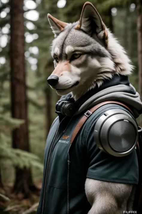 RAW photo, a portrait photo of anthro wolf cyborg, cabels , traveler clothes, standing in the forest, natural skin, 8k uhd, high quality, film grain, Fujifilm XT3