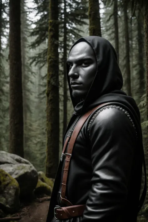 RAW photo, a portrait photo of black metal man, traveler clothes, standing in the forest, natural skin, 8k uhd, high quality, film grain, Fujifilm XT3