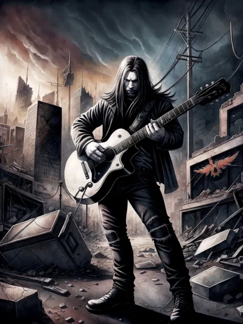 A black metal guy plays his guitar on the last day on earth , post-apocalyptic destroyed city background (colorful aquarell )