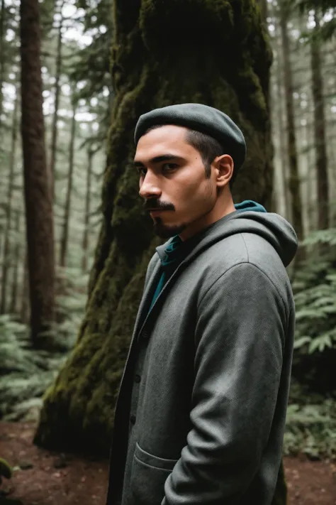 RAW photo, a portrait of a headless man , traveler clothes, standing in the forest, natural skin, 8k uhd, high quality, film grain, Fujifilm XT3