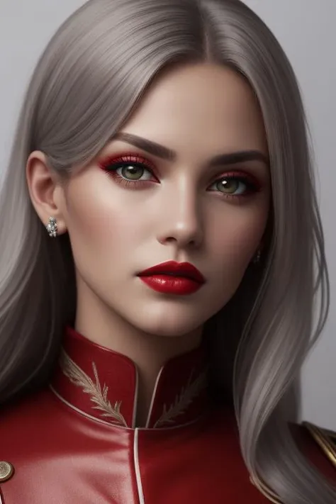 closeup, extremely detailed beautiful woman, square jaw, wide face, slightly wrinkled face, thoughtful expression, kind eyes, red lipstick, long gray cascading hair, wearing red combat outfit, posing, white background, best quality, extremely detailed
