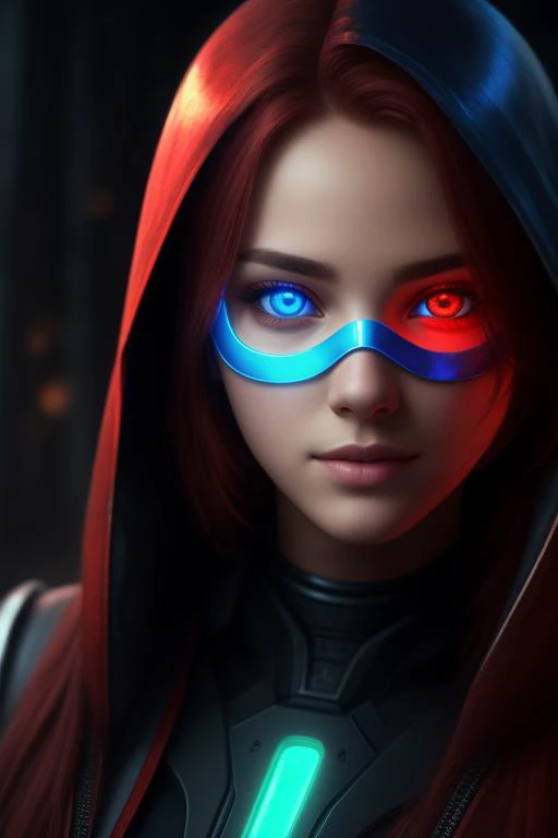 Beautiful detailed face, pretty teen girl, short messy red hair, big blue eyes, beautiful detailed face, red blue t-shirt, slight smile, sci-fi, assassin, covered face, metal mask, glowing eyes, exoskeleton, metallic, chrome, best quality, extremely detailed
