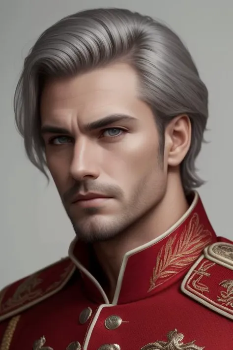 closeup, extremely detailed mature man, square jaw, wide face, thoughtful expression, sharp eyes, long gray hair, facial hair, wearing red combat outfit, posing, white background, best quality, extremely detailed