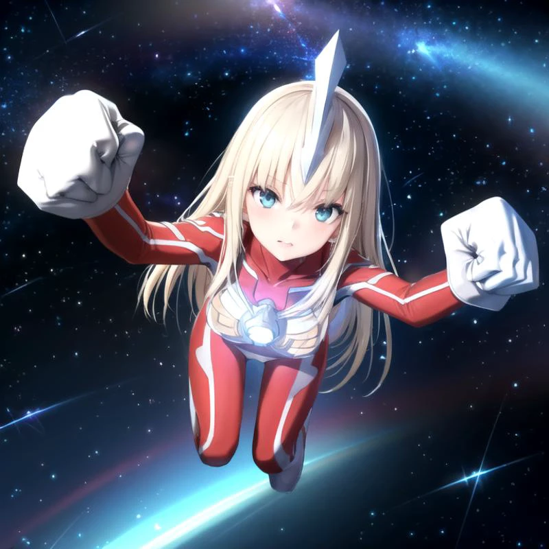 extremely detailed CG unreal engine 8k, masterpiece, best quality, highly detailed, 1girl, ultragirl, ultraman bodysuit, (from above), simple background, night sky, intense close-up, serious, (looking at viewer :1.2), staring, clenched hand, (raised fist :1.1), flying, (upper body), solo, (Ultraman_Rise :1.5), ((tokusatsu)),
<lora:Ultraman_Rise_v2-000005:0.75>, <lora:Ultragirl-Lora8-Blue2-000004:0.8>