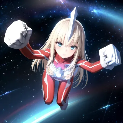 extremely detailed CG unreal engine 8k, masterpiece, best quality, highly detailed, 1girl, ultragirl, ultraman bodysuit, (from above), simple background, night sky, intense close-up, serious, (looking at viewer :1.2), staring, clenched hand, (raised fist :1.1), flying, (upper body), solo, (Ultraman_Rise :1.5), ((tokusatsu)),  
 <lora:Ultraman_Rise_v2-000005:0.75>,  <lora:Ultragirl-Lora8-Blue2-000004:0.8>