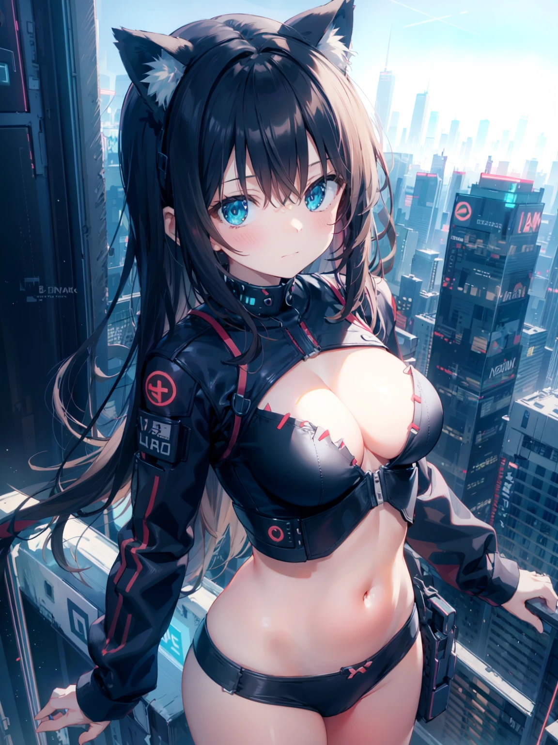 (kawaii background:1.3),neon trim,(neon lights:1.2),neonpunk,midnight,crystal,
(robot:1.2),(cyberpunk:1.2),
1girl,adult,medium breasts,cleavage,navel,(sharp eyes:1.6),
mechanical cat ears,leon light clothes,(glowing line on clothes:1.2),
breasts focus,close-up,(wide shot:1.2),cowboy_shot,(from_above:1.3),(cityscape:1.3),surveillance,surveillance view,
looking at viewer,absurdres,incredibly absurdres,