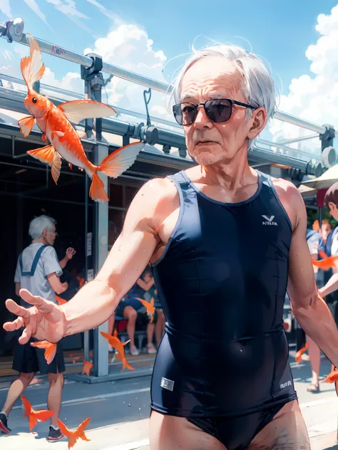 elder man,old man,school swimsuit,
Festival of fighting goldfish with high combat power,