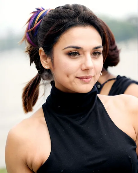 photo of a prty woman wearing elegant colorful sleeveless turtleneck, in a dynamic pose, looking at camera, trench background <lora:prty_Preity_Zinta_SD15_LoRA_prodigy_local_regs:1>
