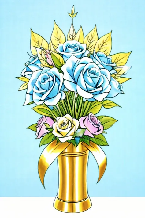 masterpiece, best quality, masterpiece, bouquet of magic pale blue roses, in a golden vase, artstation, high resolution, detailed, sharp focus
