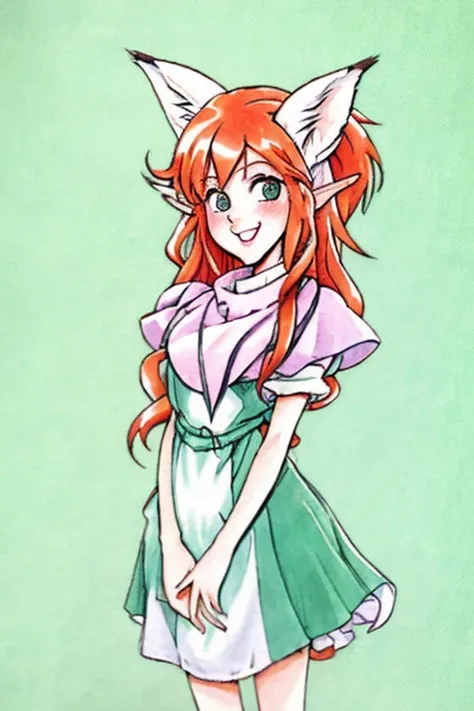 masterpiece, best quality, masterpiece, adult, girl, realistic fox ears , ((long)) red curly hair, bright green eyes, realistic, barefoot, flat chest, happy smile, bright green dress, full height portrait, photorealistic, masterpiece, trend on artstation, by wlop, high resolution, detailed