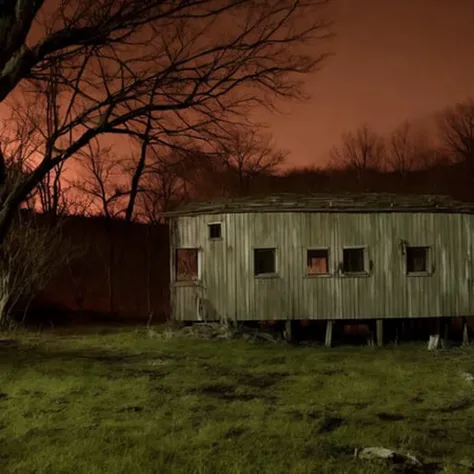 a cinematic Medium long shot wooden shack. Ramshackle house. Movie still. atmospheric, creepy, haunted.  Rimlight.