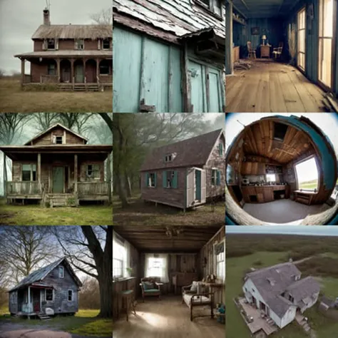 a cinematic (worm's eye:1.2) wooden shack. Ramshackle house. Movie still. atmospheric, creepy, haunted.  Rimlight.