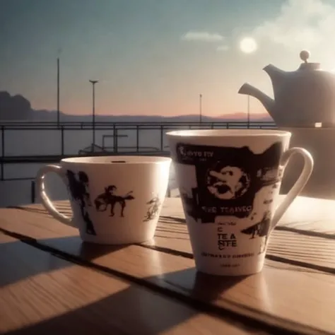 a cinematic (Establishing shot:1.2) cup of tea. Movie still. atmospheric, cheerful, adorable.  Rimlight.