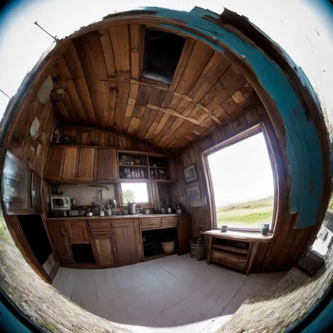 a cinematic (Fisheye-shot:1.2) wooden shack. Ramshackle house. Movie still. atmospheric, creepy, haunted.  Rimlight.