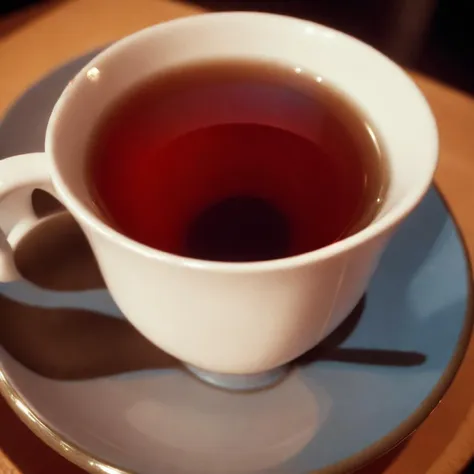 a cinematic (low-angle shot:1.2) cup of tea. Movie still. atmospheric, cheerful, adorable.  Rimlight.