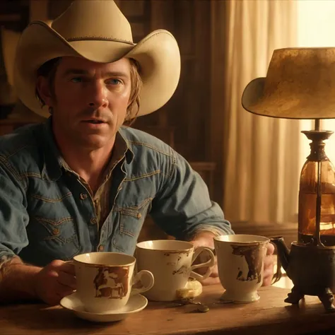 a cinematic (Cowboy shot:1.2) cup of tea. Movie still. atmospheric, cheerful, adorable.  Rimlight.