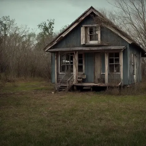 a cinematic Over-the-shoulder shot wooden shack. Ramshackle house. Movie still. atmospheric, creepy, haunted.  Rimlight.