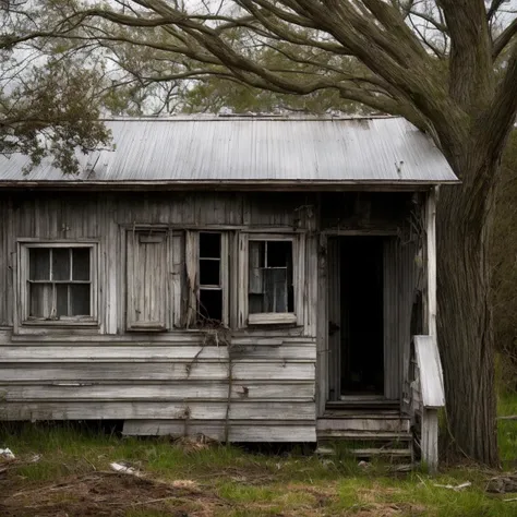 a cinematic telephoto shot wooden shack. Ramshackle house. Movie still. atmospheric, creepy, haunted.  Rimlight.