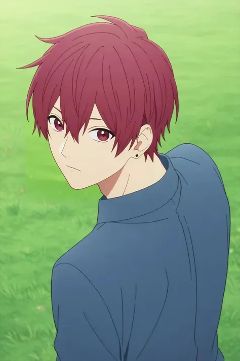 score_9, score_8_up, score_7_up, source_anime, rating_safe, , anime screencap, anime coloring, official style, looking at viewer, depth of field, 1boy, solo, male focus, <lora:souma_shiki_pony:0.8>, souma_shiki, red hair, red eyes, short hair, hair between eyes, bangs, from above, grass, day, sunny, looking back, :\3, , <lora:sdxl_lightning_8step_lora:1>