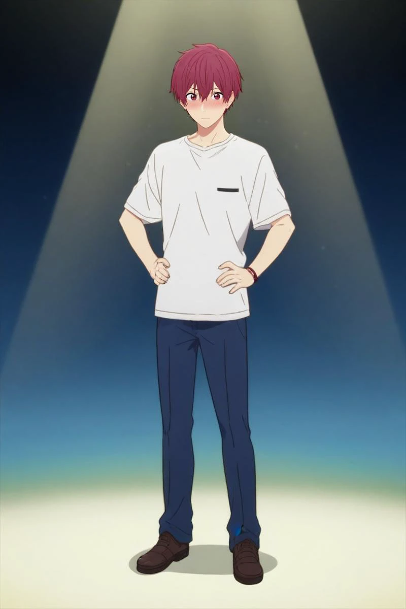 score_9, score_8_up, score_7_up, source_anime, rating_safe, , anime screencap, anime coloring, , , , 1boy, solo, male focus, <lora:souma_shiki_pony:0.84>, souma_shiki, red hair, red eyes, short hair, hair between eyes, bangs, straight-on, full body, concert, day, sunny, hands on hips, embarrassed, nose blush, , <lora:sdxl_lightning_8step_lora:1>