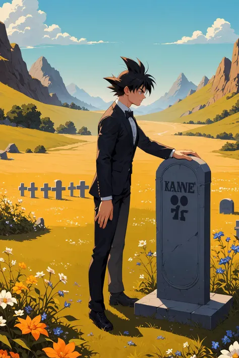 score_9, score_8_up, score_7_up, score_6_up, score_5_up, score_4_up, Son Goku attend the funeral of Mr. Toriyama Akira,black suit,black leather shoes,black bow tie,landscape,(one tombstone:1.2),flowers,look at tombstone,from side,embedding:zPDXL,