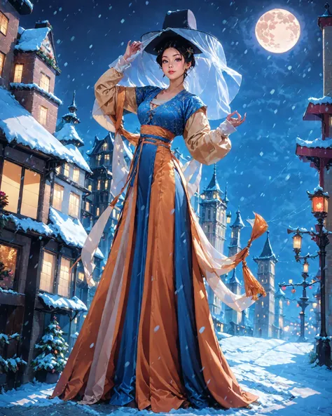 1girl, (veil_hat, hanfu), stand, full body, city walls, outdoor, snowing, snow, moon night, masterpiece, best quality, 8k, score_9, score_8_up, score_7_up,