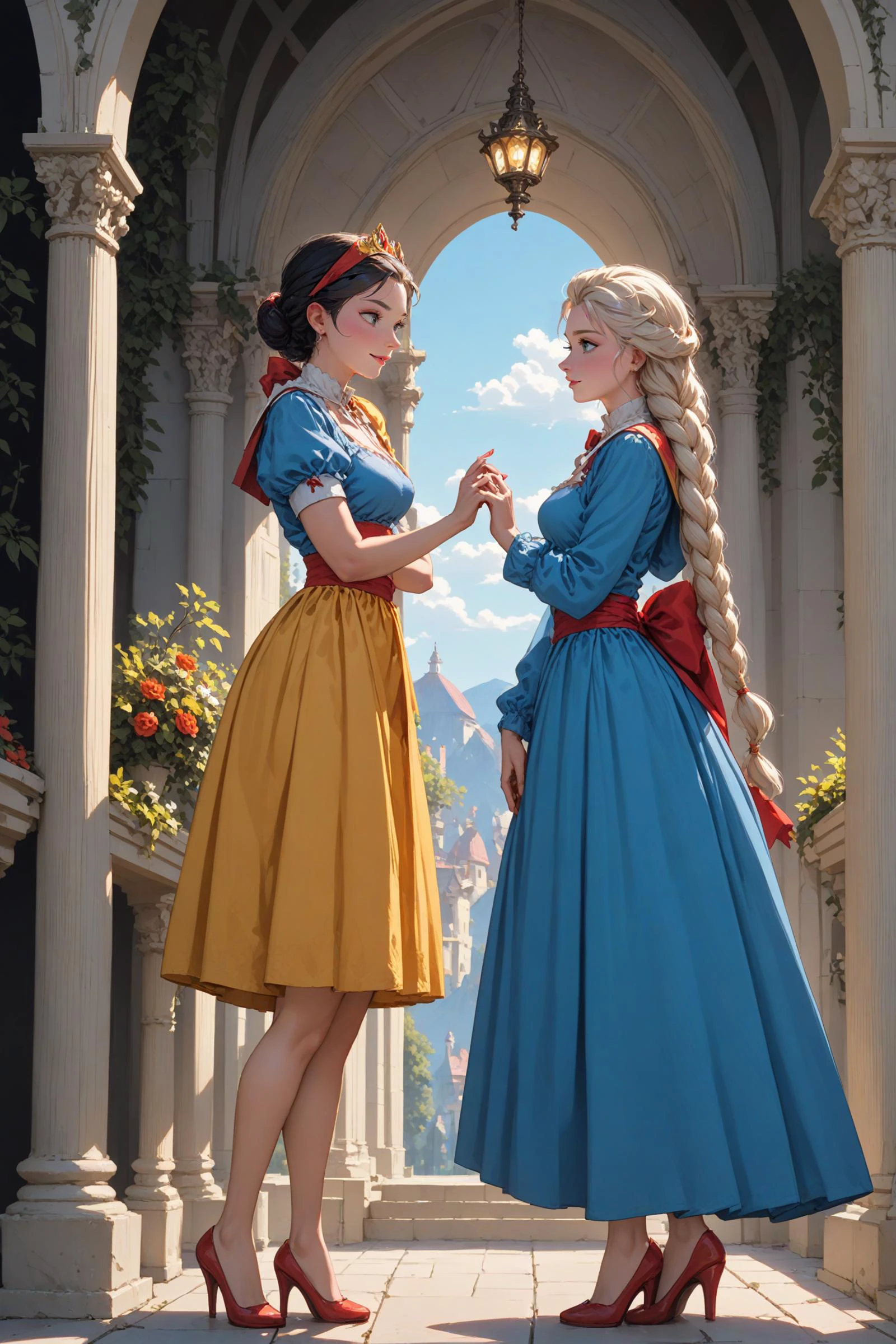 score_9, score_8_up, score_7_up, 2girls, 1girl (Snow White) and 1girl (Elsa), side view, (full bodies in view)