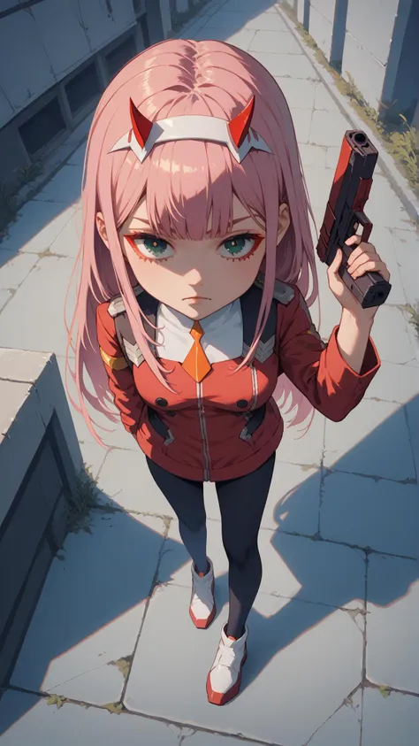 score_9, score_8_up, score_7_up, zero two, green eyes, hairband, horns, long hair, pink hair, red horns, white hairband, jacket, leggings, red jacket, white footwear, godoacrime, from above, chibi, pov, holding gun <lora:goDoACrimeMemeDora_v10:1> <lora:zero-two-ponyxl-lora-nochekaiser:1>