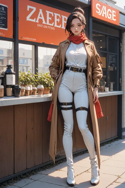 1girl, survey corps \(emblem\), thigh strap, harness,boots, leather skirt,white pants, white shirt,full body, standing, belt, red scarf, open jacket, brown jacket, cropped jacket, Shag haircut hairstyle, In a traditional coffee shop, masterpiece, best quality, 8k, score_9, score_8_up, score_7_up,