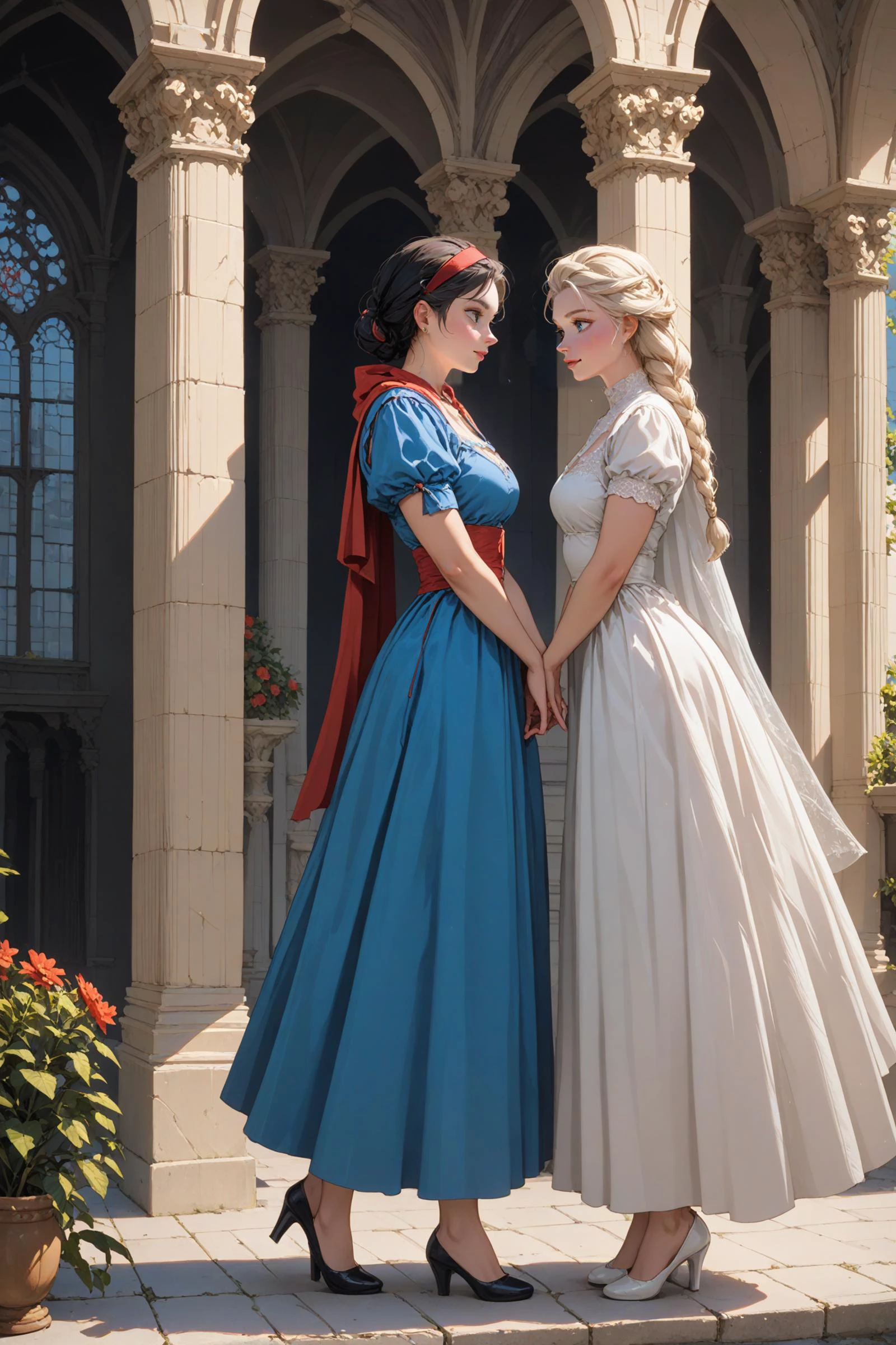 score_9, score_8_up, score_7_up, 2girls, 1girl (Snow White) and 1girl (Elsa), side view, (full bodies in view)