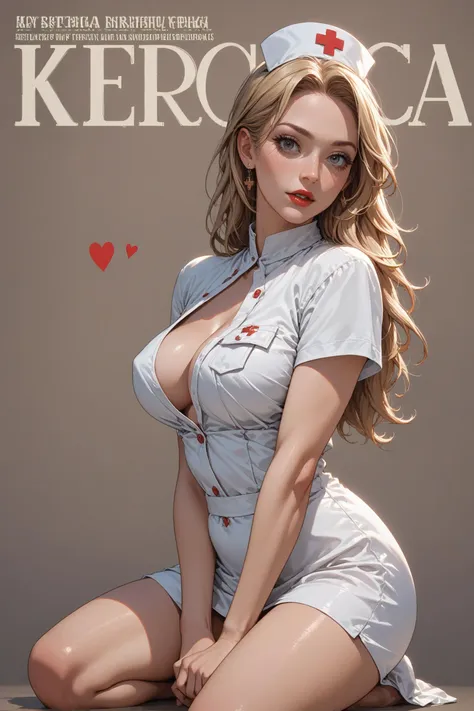 score_9, score_8_up, score_7_up,  1 nurse, blonde hair, long hair, seducing viewer, hearts, female focus, white nurse shirt, white nurse skirt, posing, suggestive pose, kneeling, red theme, simple background, brown background, magazine cover, helvetica bold