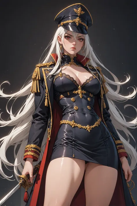 score_9, score_8_up, score_7_up,    1girl, black hair, multicolored hair, white hair, long hair, warhammer commissar, in military uniform, red eyes, great coat, epaulets, a peaked officer's cap, short skirt, thighs, cleavage, (serious look:1.2), black theme, black background, holding chainsword