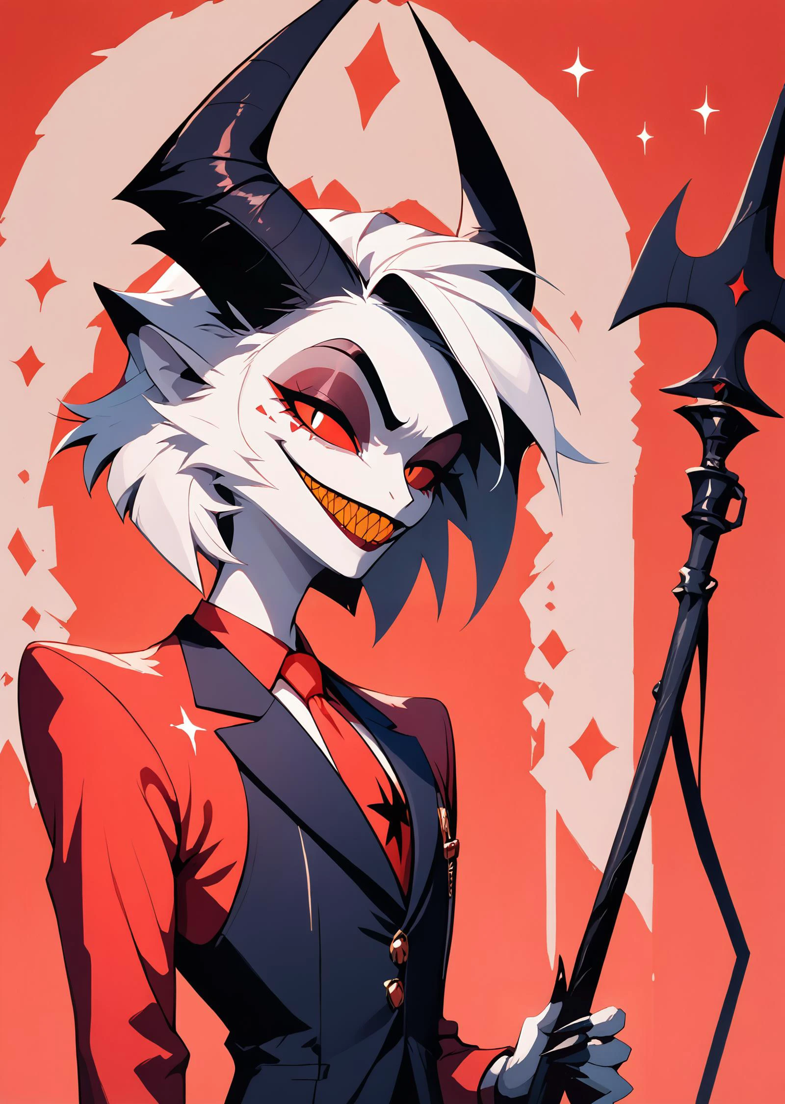 Score_9, score_8_up, score_7_up, score_6
(source_cartoon:1, vector_trace:1, vector_art:1, helluva_boss, highres, semi-realistic, official art, official wallpaper, absurdres)
HCSV1 solo, looking at viewer, smile, simple background, shirt, 1boy, jacket, tail, male focus, horns, teeth, necktie, grin, black jacket, sparkle, formal, sharp teeth, suit, red shirt, demon tail, red background, colored sclera, evil smile, black suit, demon, demon boy, evil grin
<lora:Helluva Cartoon Style Pony V1:1.6>